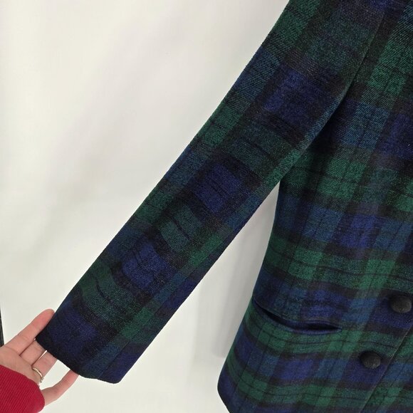 Liz Claiborne size 4 green blue Tartan plaid 3 button long blazer wool blend - Picture 6 of 13